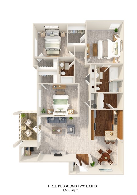 Floor plan for 3 beds, 2 baths, 1569 sqft